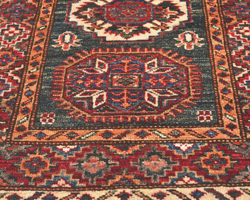 2x3 Green Kazak Afghan Hand Knotted Wool Area Rug
